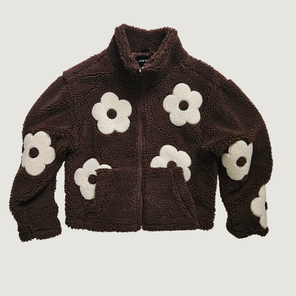 Vintage Sherpa Fleece Jacket Women Brown Floral Zip Up Cozy Fall